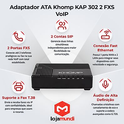 Adaptador ATA Khomp KAP 302 - 2 Portas FXS, 3 Portas Fast Ethernet, SIP 2.0 e Fax T.38 - Image 3