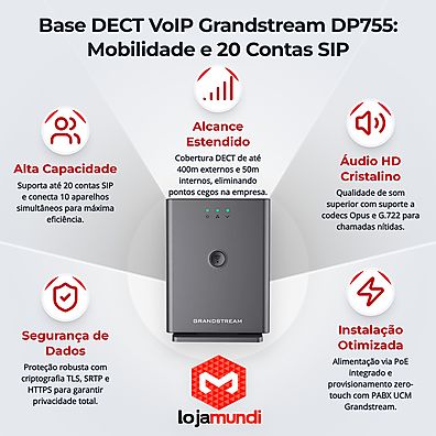 Estação Base DECT VoIP Grandstream DP755 - Central Sem Fio com 20 Contas SIP, 10 Ramais e PoE - Image 3
